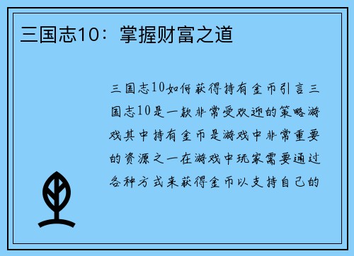 三国志10：掌握财富之道