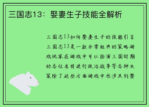 三国志13：娶妻生子技能全解析
