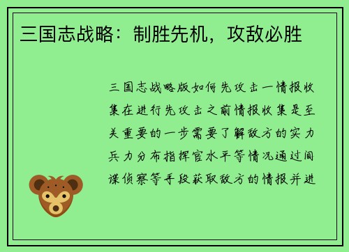 三国志战略：制胜先机，攻敌必胜